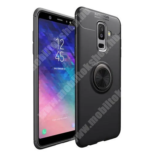  OTT! METAL RING szilikon védő tok / hátlap - FEKETE - fém ujjgyűrű, tapadófelület mágneses autós tartóhoz, ERŐS VÉDELEM! - SAMSUNG SM-A605G Galaxy A6 Plus (2018)
