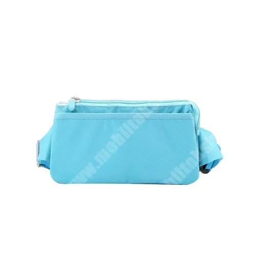 BLACKBERRY Key2 UNIVERZÁLIS ÖVTÁSKA - VILÁGOSKÉK - állítható pánt, csatos záródás, zipzár, több fakkos - 11 x 20 cm, derékszíj hossza 75-106 cm (táska hosszával együtt)