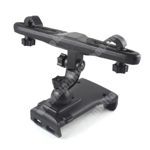  UNIVERZÁLIS tablet / telefon gépkocsi / autós tartó - 110-220mm-ig állítható bölcső, elforgatható, fejtámlára szerelhető tartóval, 360°-ban elforgatható - FEKETE