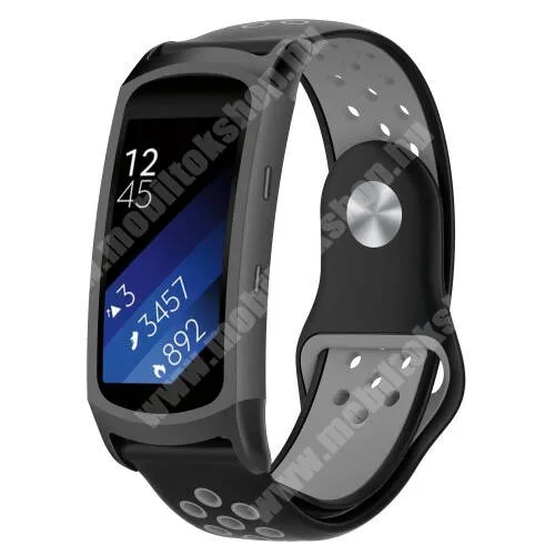  Okosóra szíj - légáteresztő, sportoláshoz, szilikon - FEKETE / SZÜRKE - 95mm + 100mm hosszú, 18mm széles - SAMSUNG Gear Fit 2 SM-R360 / Samsung Gear Fit 2 Pro SM-R365
