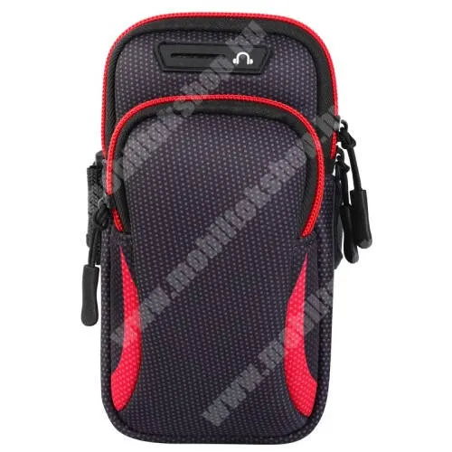 DIGI R1 UNIVERZÁLIS Sport tok / karpánt - FEKETE / PIROS - álló, cipzár, több fakkos, 28cm hosszú karpánt, fülhallgató nyílás - külső méret: 190 x 90mm, első zseb belső mérete: 130 x 80mm, hátsó zseb belső mérete: 160 x 75mm