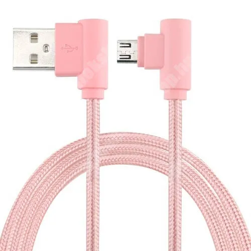 HP 8 Adatátviteli kábel / USB töltő - microUSB, 90°-os derékszögű, 25cm hosszú, 2A, 10W, szövettel bevont - RÓZSASZÍN