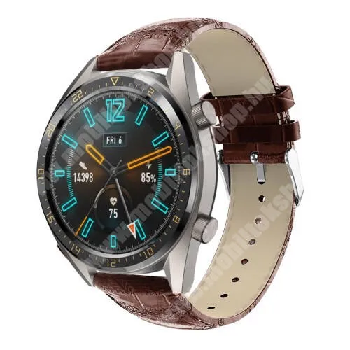 DENVER SW-173 Okosóra szíj - BARNA - Krokodilbőr mintás, valódi bőr - 120 + 80mm hosszú, 22mm széles, 140-210mm-es csuklóig ajánlott - SAMSUNG Galaxy Watch 46mm / SAMSUNG Gear S3 Classic / Gear S3 Frontier / Honor MagicWatch 2 46mm