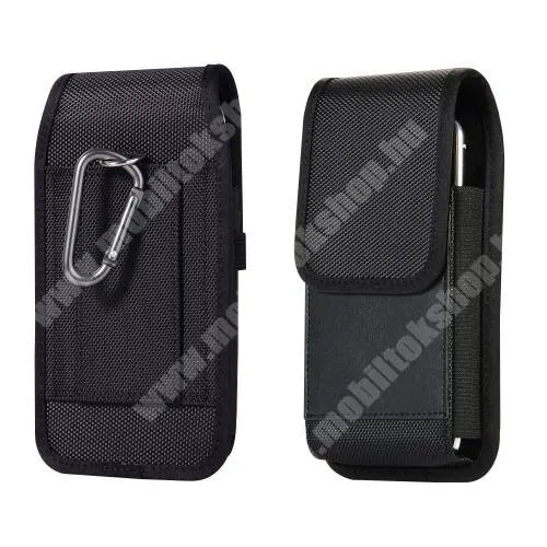 MOTOROLA Moto G3 (XT1540) UNIVERZÁLIS álló tok - övre fűzhető, karabiner, tépőzáras záródás, bankkártya tartó zseb - max 150 x 80 x 15mm méretű  készülékekhez - FEKETE