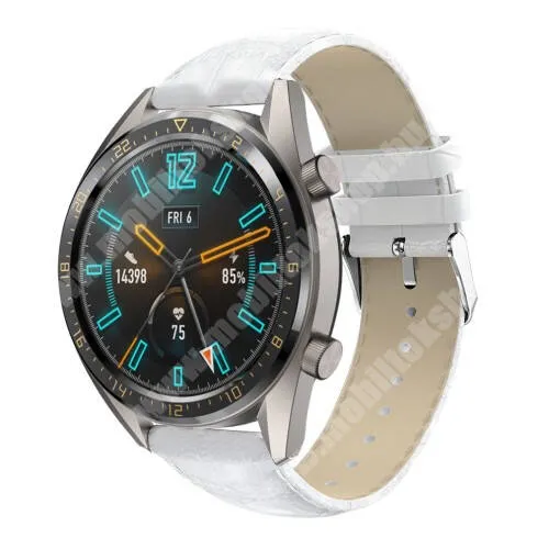 Xiaomi Amazfit GTR 4 46mm Okosóra szíj - FEHÉR - Krokodilbőr mintás, valódi bőr - 120 + 80mm hosszú, 22mm széles, 140-210mm-es csuklóig ajánlott - SAMSUNG Galaxy Watch 46mm / SAMSUNG Gear S3 Classic / Gear S3 Frontier / Honor MagicWatch 2 46mm