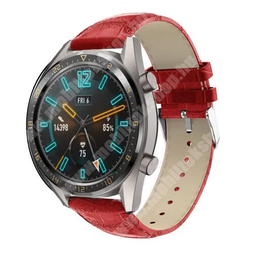 Garett Men 5S Okosóra szíj - PIROS - Krokodilbőr mintás, valódi bőr - 120 + 80mm hosszú, 22mm széles, 140-210mm-es csuklóig ajánlott - SAMSUNG Galaxy Watch 46mm / SAMSUNG Gear S3 Classic / Gear S3 Frontier / Honor MagicWatch 2 46mm