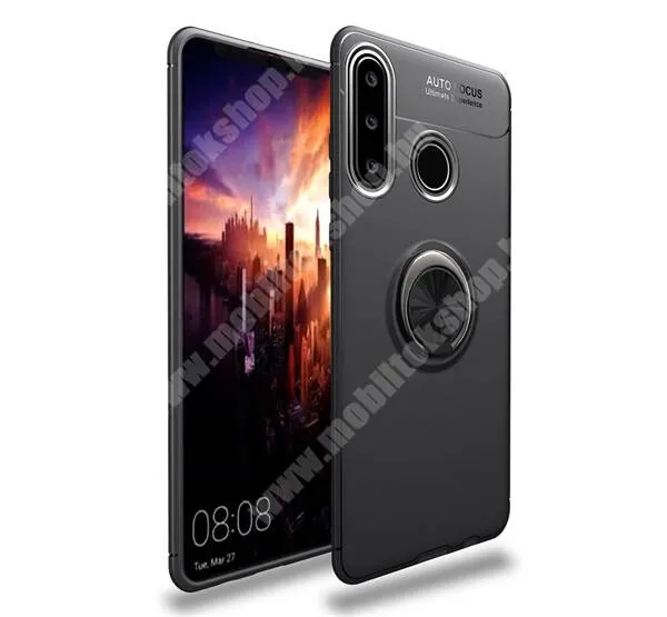  OTT! METAL RING szilikon védő tok / hátlap - FEKETE - fém ujjgyűrű, tapadófelület mágneses autós tartóhoz, ERŐS VÉDELEM! - HUAWEI P40 Lite E / HUAWEI Y7p / Honor 9C