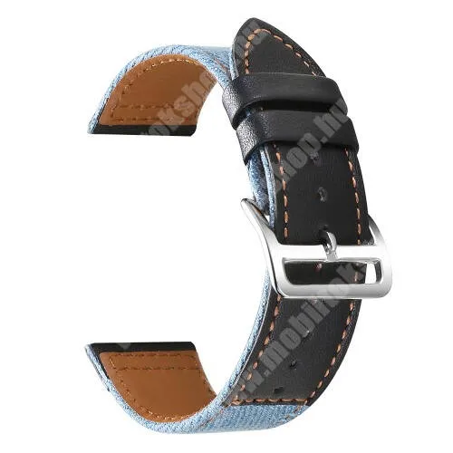 Realme Watch 2 (RMW2008) Okosóra szíj - FEKETE / VILÁGOSKÉK - szövet / PU bőrrel bevont - 89mm + 105mm hosszú, 22mm széles, 160-220mm-es átmérőjű csuklóméretig - SAMSUNG Galaxy Watch 46mm / Watch GT2 46mm / Watch GT 2e / Galaxy Watch3 45mm / Honor MagicWatch 2 46mm