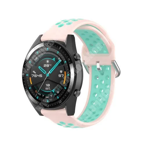 Huawei Watch 4 Pro Space edition Okosóra szíj - légáteresztő, sportoláshoz, szilikon - 130mm + 86mm hosszú, 22mm széles, 140mm-től 220mm-es méretű csuklóig ajánlott - RÓZSASZÍN / CYAN - SAMSUNG Galaxy Watch 46mm / Watch GT2 46mm / Watch GT 2e / Gear S3 Frontier / Honor MagicWatch 2 46mm