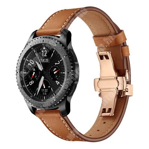 Xiaomi Mi Watch (FOR GLOBAL MARKET) Okosóra szíj - ROSE GOLD / BARNA - valódi bőr, pillangó csat, 120mm + 80mm hosszú, 22mm széles, 165mm-től 220mm-es méretű csuklóig ajánlott - SAMSUNG Galaxy Watch 46mm / Watch GT2 46mm / Watch GT 2e / Gear S3 Frontier / Honor MagicWatch 2 46mm