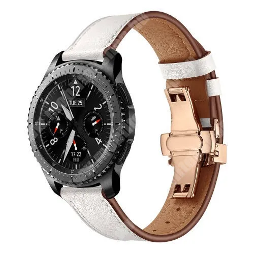 Ulefone Watch Pro Okosóra szíj - ROSE GOLD / FEHÉR - valódi bőr, pillangó csat, 120mm + 80mm hosszú, 22mm széles, 165mm-től 220mm-es méretű csuklóig ajánlott - SAMSUNG Galaxy Watch 46mm / Watch GT2 46mm / Watch GT 2e / Gear S3 Frontier / Honor MagicWatch 2 46mm