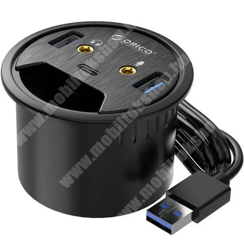 DIGI R1 ORICO DESK-2U1C 5 az 1-ben USB hub / elosztó - 2x USB 3.0, 1x USB Type-C 1x füllhallgató 3,5mm jack, 1x mikrofon bemenet, asztalba süllyeszthető, kék LED, 1.5m hosszú kábel, 69 x 47m  - FEKETE - GYÁRI