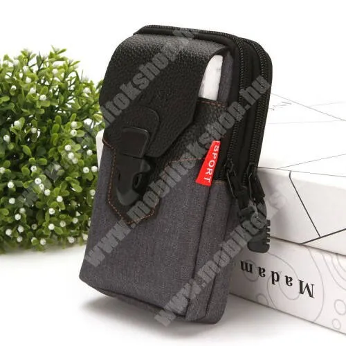 GoPro Hero 9 UNIVERZÁLIS álló tok - cipzár, csatos, övre fűzhető, több fakkos - FEKETE - első zseb belső mérete: 170 x 90mm, hátsó zsebek belső mérete: 185 x 100mm