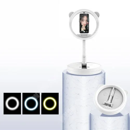 DIGI R1 UNIVERZÁLIS asztali telefon tartó állvány / LED selfie körfény - 128 LED-es, összecsukható, alumínium, állítható színhőmérséklet / fényerő, 360°-ban forgatható, állítható magasság 54-167cm-ig, 280 x 280 x 73mm - FEHÉR