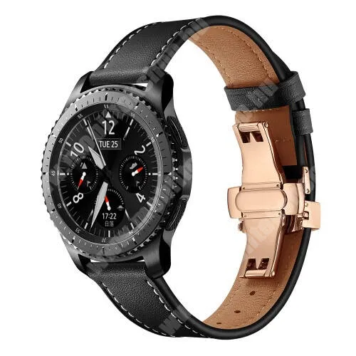 ARMODD Roundz 3 Valódi bőr okosóra szíj - speciális pillangó csatos, 120 + 80mm hosszú, 22mm széles, 165-220mm átmérőjű csuklóméretig - FEKETE / ROSE GOLD - HUAWEI Watch GT / HUAWEI Watch 2 Pro / Honor Watch Magic / HUAWEI Watch GT 2 46mm