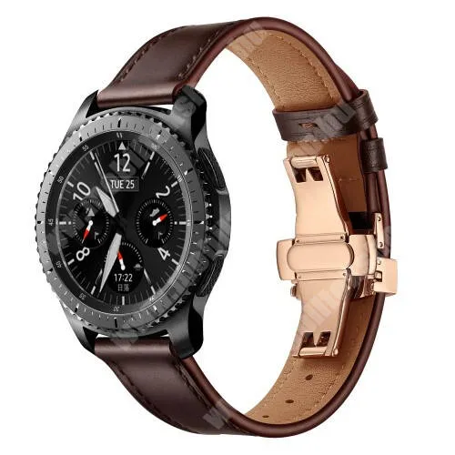 Garett Men 5S Valódi bőr okosóra szíj - speciális pillangó csatos, 120 + 80mm hosszú, 22mm széles, 165-220mm átmérőjű csuklóméretig - SÖTÉTBARNA / ROSE GOLD - HUAWEI Watch GT / HUAWEI Watch 2 Pro / Honor Watch Magic / HUAWEI Watch GT 2 46mm