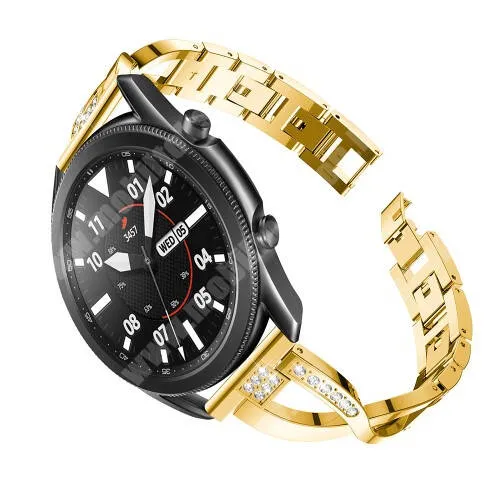 LOTUS SMARTIME 50013 Fém X-shape okosóra szíj - strasszkővel díszített, 175mm hosszú, 22mm széles, 135-235mm-es csuklóméretig ajánlott - ARANY - SAMSUNG Galaxy Watch 46mm / Watch GT2 46mm / Watch GT 2e / Galaxy Watch3 45mm / Honor MagicWatch 2 46mm