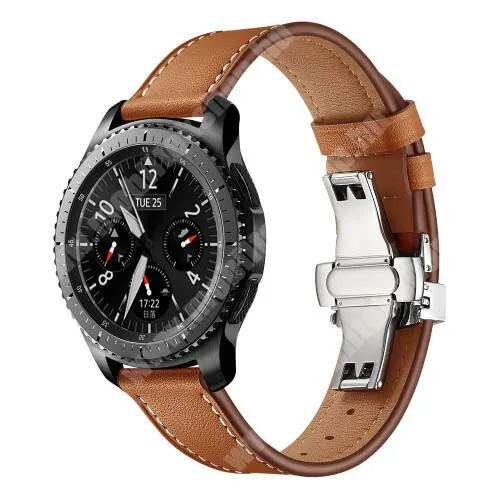 HUAWEI Watch GT 5 Pro 46mm Okosóra szíj - EZÜST / BARNA - valódi bőr, pillangó csat, 120mm + 80mm hosszú, 22mm széles, 165mm-től 220mm-es méretű csuklóig ajánlott - SAMSUNG Galaxy Watch 46mm / Watch GT2 46mm / Watch GT 2e / Gear S3 Frontier / Honor MagicWatch 2 46mm