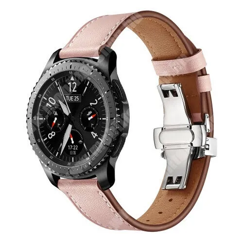 Maimo Watch R Okosóra szíj - EZÜST / RÓZSASZÍN - valódi bőr, pillangó csat, 120mm + 80mm hosszú, 22mm széles, 165mm-től 220mm-es méretű csuklóig ajánlott - SAMSUNG Galaxy Watch 46mm / Watch GT2 46mm / Watch GT 2e / Gear S3 Frontier / Honor MagicWatch 2 46mm