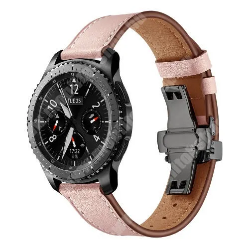 HUAWEI Watch GT 5 Pro 46mm Okosóra szíj - FEKETE / RÓZSASZÍN - valódi bőr, pillangó csat, 120mm + 80mm hosszú, 22mm széles, 165mm-től 220mm-es méretű csuklóig ajánlott - SAMSUNG Galaxy Watch 46mm / Watch GT2 46mm / Watch GT 2e / Gear S3 Frontier / Honor MagicWatch 2 46mm