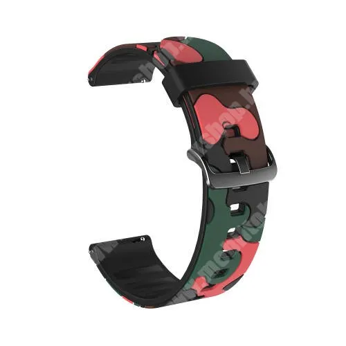 Garett Men 5S Okosóra szíj - szilikon, TEREPMINTÁS - PIROS - 125mm + 85mm hosszú, 22mm széles - SAMSUNG Galaxy Watch 46mm / Watch GT2 46mm / Watch GT 2e / Gear S3 Frontier / Honor MagicWatch 2 46mm