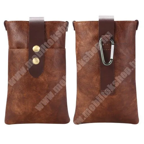 Meizu m3 Max UNIVERZÁLIS álló tok - BARNA - övre fűzhető, karabíner, mágnespatent, két fakkos - max 170 x 95 x 20mm méretű készülékekig