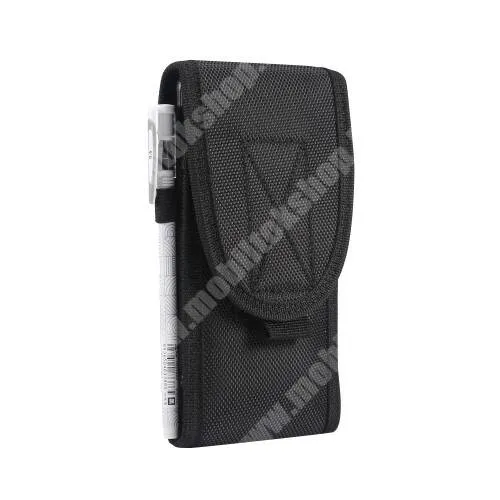  UNIVERZÁLIS álló tok - cseppálló szövet, övre fűzhető, tépőzáras záródás, karabiner, ceruzatartó - 167 x 85 x 20mm - FEKETE