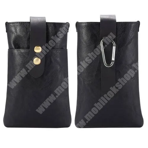 Bluboo Maya UNIVERZÁLIS álló tok - FEKETE - övre fűzhető, karabíner, mágnespatent, két fakkos - max 170 x 95 x 20mm méretű készülékekig