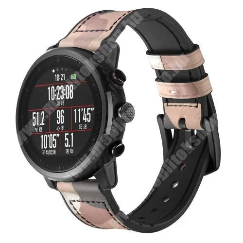  Valódi bőr okosóra szíj - RÓZSASZÍN TEREPMINTÁS - valódi bőr, szilikon belső, 120mm + 80mm hosszú, 22mm széles, 155-215mm-es méretű csuklóig ajánlott - SAMSUNG Galaxy Watch 46mm / Watch GT2 46mm / Watch GT 2e / Gear S3 Frontier / Honor MagicWatch 2 46mm