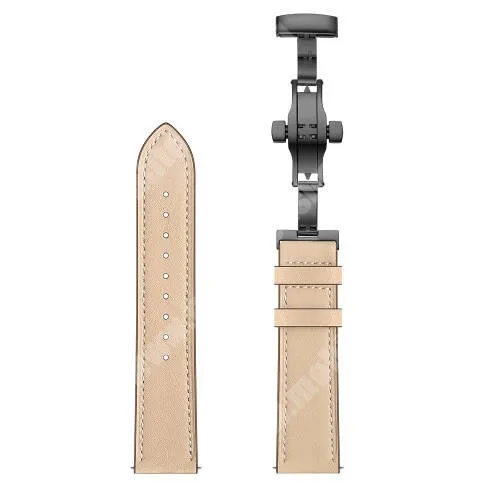 Realme Watch 2 (RMW2008) Okosóra szíj - BÉZS / FEKETE - valódi bőr, pillangó csat, 120mm + 80mm hosszú, 22mm széles - SAMSUNG Galaxy Watch 46mm / Watch GT2 46mm / Watch GT 2e / Galaxy Watch3 45mm / Honor MagicWatch 2 46mm