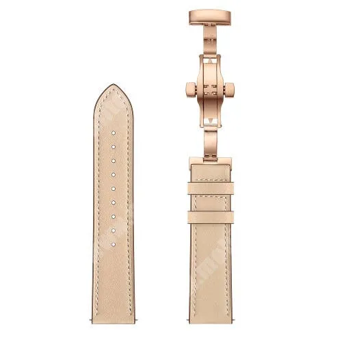 Mobvoi Ticwatch Pro Okosóra szíj - BÉZS / ROSE GOLD - valódi bőr, pillangó csat, 120mm + 80mm hosszú, 22mm széles - SAMSUNG Galaxy Watch 46mm / Watch GT2 46mm / Watch GT 2e / Galaxy Watch3 45mm / Honor MagicWatch 2 46mm