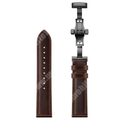 Xiaomi Watch Color 2 Okosóra szíj - KÁVÉBARNA / FEKETE - valódi bőr, pillangó csat, 120mm + 80mm hosszú, 22mm széles - SAMSUNG Galaxy Watch 46mm / Watch GT2 46mm / Watch GT 2e / Galaxy Watch3 45mm / Honor MagicWatch 2 46mm