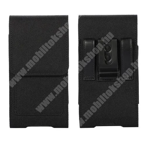 Bluboo Maya Max UNIVERZÁLIS álló tok - övre fűzhető / övcsipesz, mágneses záródás, bankkártyatartó zseb, gumis, cseppálló oxford szövet - belső méret: 170 x 87mm - FEKETE