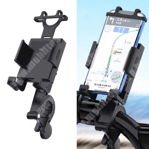 PRESTIGIO MultiPhone 5500 Duo UNIVERZÁLIS motoros / kerékpáros tartó konzol mobiltelefon készülékekhez - szilikon, kormányra rögzíthető 19-35mm-ig, 95mm-ig nyíló telefonbölcső, 4-6.7"-os készülékekhez - FEKETE