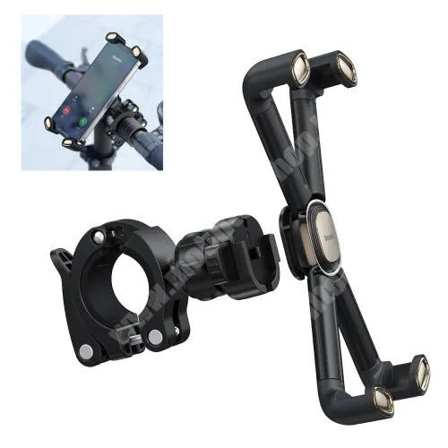 Bluboo R1 BASEUS UNIVERZÁLIS motoros / kerékpáros tartó konzol mobiltelefon készülékekhez - kormányra rögzíthető, 22-30mm átmérőjű kormányra alkalmas, gyorskioldós, 360°-ban forgatható, csúszásgátló - FEKETE - GYÁRI