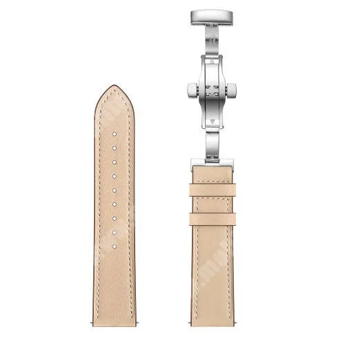 MyKronoz ZeSport2 Grey Okosóra szíj - BÉZS / EZÜST - valódi bőr, pillangó csat, 120mm + 80mm hosszú, 22mm széles - SAMSUNG Galaxy Watch 46mm / Watch GT2 46mm / Watch GT 2e / Galaxy Watch3 45mm / Honor MagicWatch 2 46mm