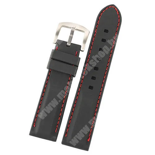 Zeblaze Vibe 5 Okosóra szíj - FEKETE - szilikon, piros varrással - 80mm + 120mm hosszú, 24mm széles - Fossil Hybrid Smartwatch HR Latitude FTW7020 / FTW7019 / FTW7021 / DIESEL Full Guard 2.5 DZT2010 / DZT2009