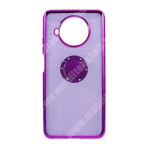  OTT! DECOR RING szilikon védő tok / hátlap - LILA - fém ujjgyűrű, strasszkővel díszített, csillámló réteg, tapadófelület mágneses autós tartóhoz, kitámasztható, ERŐS VÉDELEM! - Xiaomi Mi 10T Lite 5G / Redmi Note 9 Pro 5G / Mi 10i 5G