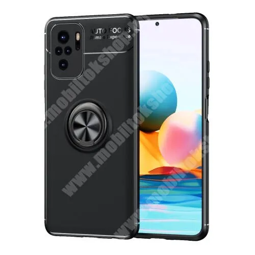  OTT! METAL RING szilikon védő tok / hátlap - FEKETE - fém ujjgyűrű, tapadófelület mágneses autós tartóhoz, kitámasztható, ERŐS VÉDELEM! - Xiaomi Redmi Note 10 / Note 10S / Poco M5s