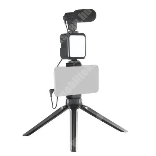 MICROSOFT Lumia 532 Dual SIM UNIVERZÁLIS telefon tartó tripod állvány / vlog streaming kezdőszett - LED fény 2xAA elemmel használható (NEM TARTOZÉK), 1/4" csavar, állítható színhőmérséklet, fényerő, 3,5mm jack mikrofon, 360°-ban forgatható, összecsukható, Bluetooth kioldóval - FEKETE