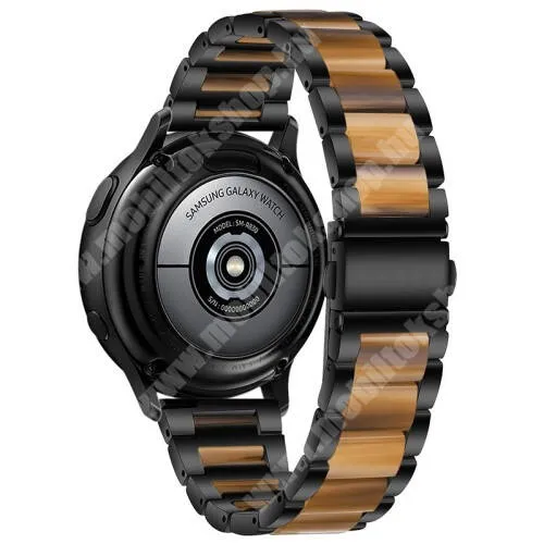  Okosóra műanyag / rozsdamentes acél szíj - FEKETE / BARNA - pillangó csat - 189mm hosszú, 22mm széles - SAMSUNG Galaxy Watch 46mm / Watch GT2 46mm / Watch GT 2e / Galaxy Watch3 45mm / Honor MagicWatch 2 46mm
