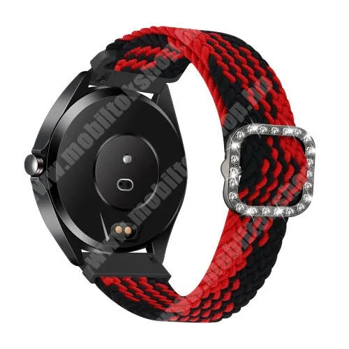 ARMODD Roundz 3 Okosóra szíj - fonott szövet, sztreccses, állítható, strasszköves csat - PIROS / FEKETE - 110-195mm hosszú, 22mm széles - SAMSUNG Galaxy Watch 46mm / Watch GT2 46mm / Watch GT 2e / Galaxy Watch3 45mm / Honor MagicWatch 2 46mm