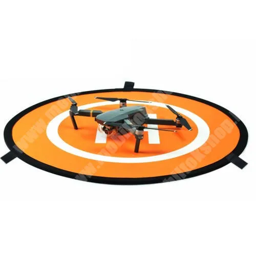  UNIVERZÁLIS Drón leszállópálya - 75cm, összecsukható, vízálló, kétoldalas, fényvisszaverő csík, 3x leszúró tüske - KÉK / NARANCSSÁRGA