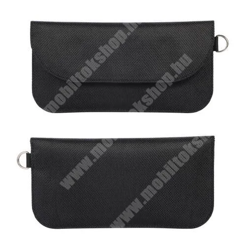  UNIVERZÁLIS Térerő blokkoló fekvő tok - PU bőr, RFID védelemmel, tépőzáras záródás, akasztható, dupla fakkos - 100 x 200mm - FEKETE