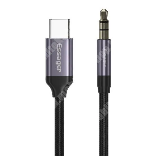  ESSAGER audió kábel 3.5 mm jack / Type-C csatlakozó, 1m hosszú, DAC chip, szövettel bevont kábel - FEKETE - GYÁRI