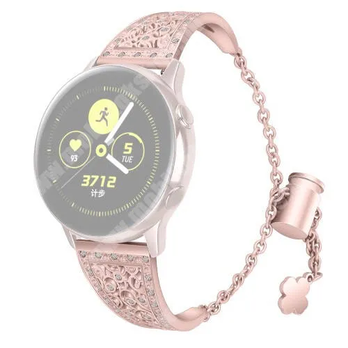 COLMI SKY 5 PLUS SMARTWATCH Fém okosóra szíj - strasszkővel díszített, virág mintás, állítható méret, 22mm széles - RÓZSASZÍN - SAMSUNG Galaxy Watch 46mm / Watch GT2 46mm / Watch GT 2e / Galaxy Watch3 45mm / Honor MagicWatch 2 46mm