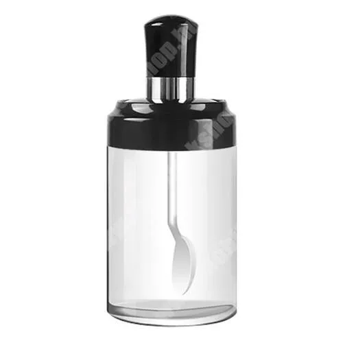 Bluboo S8 Lite UNIVERZÁLIS fűszertartó üveg - 1db, 250ml, beépített adagoló kanállal, szilikon tömítőgyűrűvel nedvességálló, átlátszó üveg, hőálló, BPA mentes, 158 x 65mm - ÁTLÁTSZÓ / FEKETE