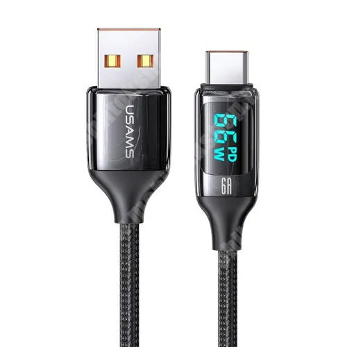 Allview P8 Energy Pro USAMS U78 adatátviteli kábel / USB töltő - USB 3.1 Type C / USB csatlakozás, 66W, gyorstöltés támogatás, 6A, 480Mbps, LED kijelző, 120 cm hosszú, szövettel bevont - FEKETE - US-SJ544 - GYÁRI