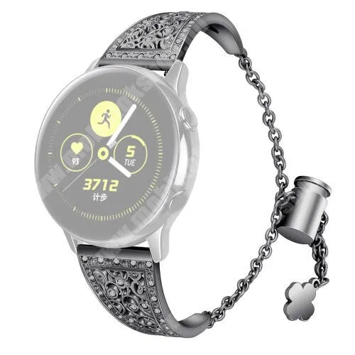 ARMODD Roundz 3 Fém okosóra szíj - strasszkővel díszített, virág mintás, állítható méret, 22mm széles - FEKETE - SAMSUNG Galaxy Watch 46mm / Watch GT2 46mm / Watch GT 2e / Galaxy Watch3 45mm / Honor MagicWatch 2 46mm