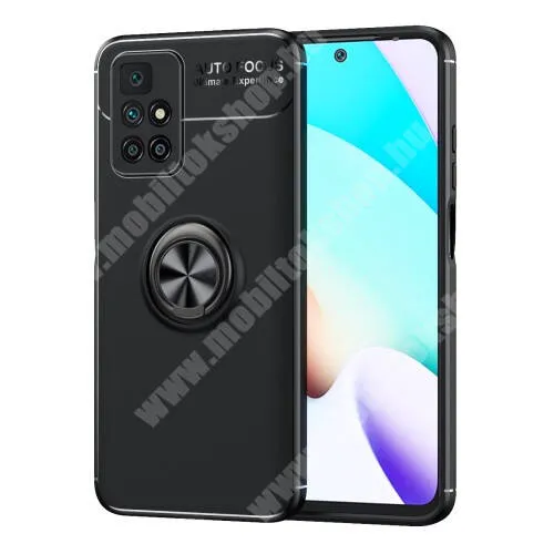  OTT! METAL RING szilikon védő tok / hátlap - FEKETE - fém ujjgyűrű, tapadófelület mágneses autós tartóhoz, kitámasztható, ERŐS VÉDELEM! - Xiaomi Redmi 10 / Redmi 10 Prime / Redmi 10 (2022)